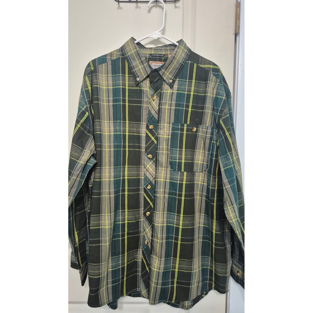 CE Schmidt Workwear Mens XL Plaid Button Down Shirt Green Grey Neon Long Sleeve